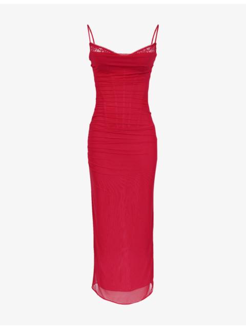 House of CB Nalini lace-trim corseted stretch-woven maxi dress
