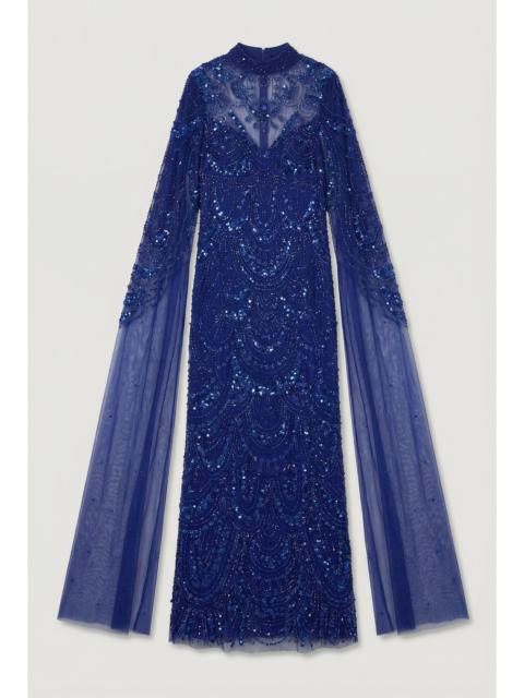 KAREN MILLEN Premium Beaded Embellished Woven Midaxi Cape Dress