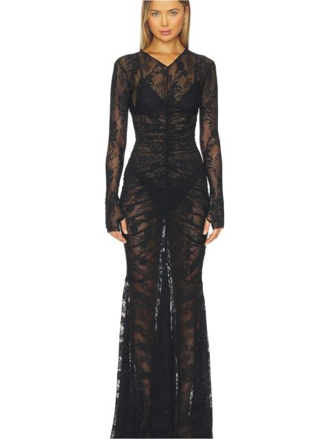 NORMA KAMALI Long Sleeve V Neck Shirred Front Fishtail Gown