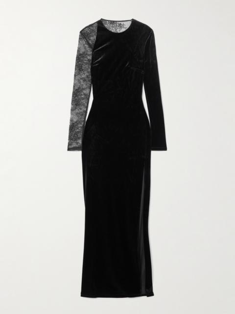 self-portrait Lace-paneled Velvet Maxi Dress