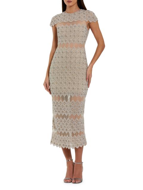 MAC DUGGAL Women's Cocktail Beaded Mesh Midi-Dress - Ivory Beige