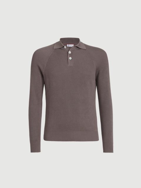 Brunello Cucinelli Cotton English rib knit polo with long raglan sleeves
