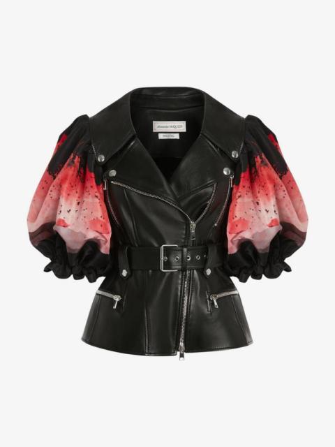 Alexander McQueen Anemone Print Biker Jacket in Black/pink