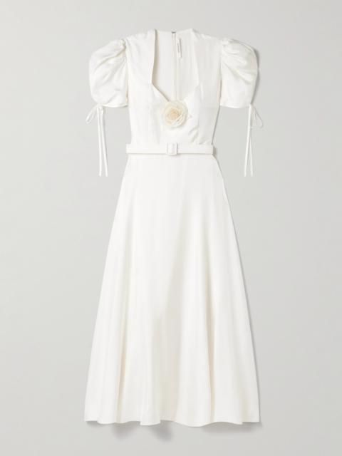 RODARTE Appliquéd Belted Silk-twill Midi Dress