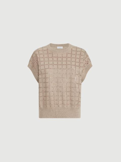 Brunello Cucinelli Cashmere knit t-shirt with dazzling windowpane embroidery