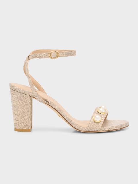 Stuart Weitzman Nearlybare Metallic Pearly Ankle-Strap Sandals