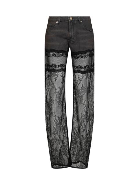Blumarine Grey denim and see-through lace straight-leg jeans