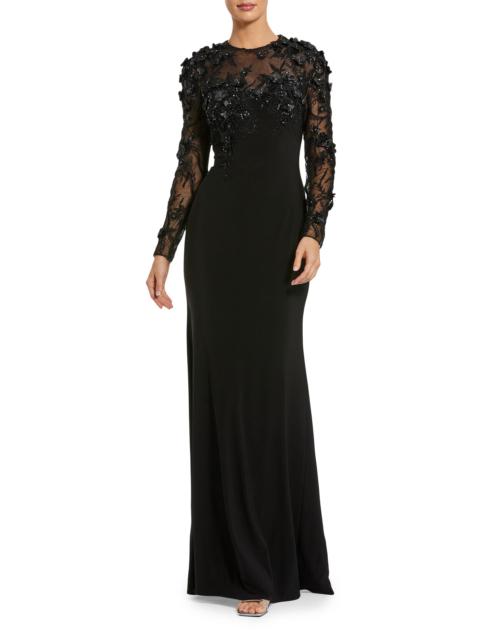MAC DUGGAL Women's Floral Embellished Long-Sleeve Column Gown - Black