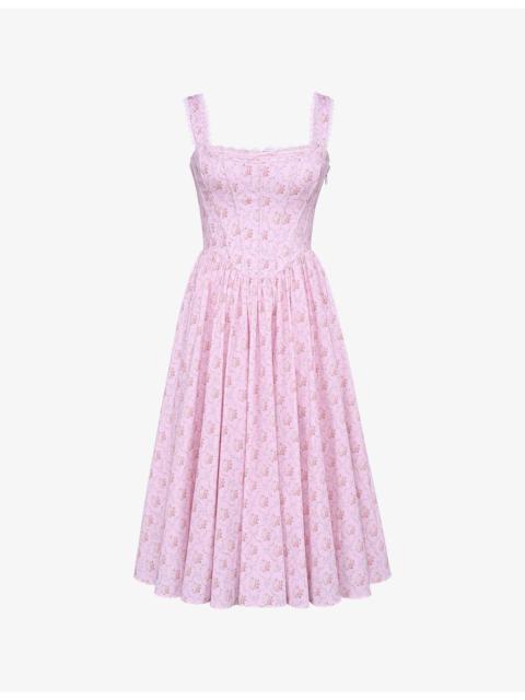 House of CB Amara Floral-Print Lace-Embroidered Stretch-Cotton Midi Dress