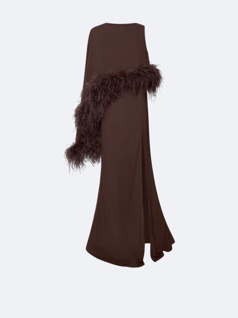 LAPOINTE Georgette Asymmetric Draped Gown With Feathers