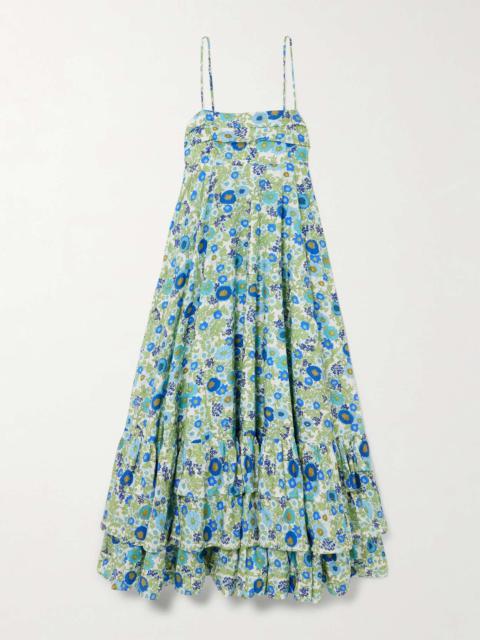 ALÉMAIS Pam tiered pintucked floral-print organic cotton-poplin midi dress Blue
