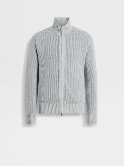 ZEGNA LIGHT GREY AND GREY MÉLANGE OASI CASHMERE FULL ZIP CARDIGAN