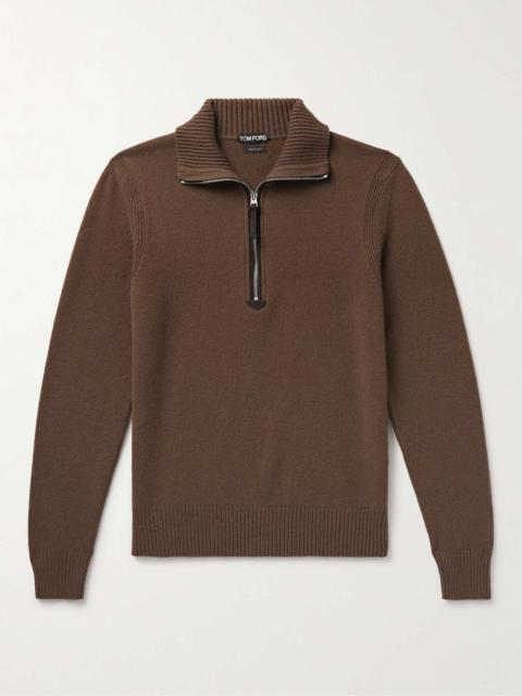 Suede-Trimmed Wool-Blend Half-Zip Sweater