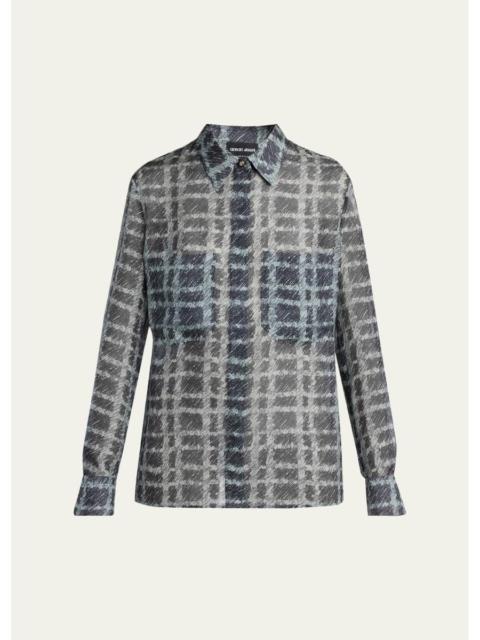 GIORGIO ARMANI Sheer Silk Plaid Button-Front Shirt