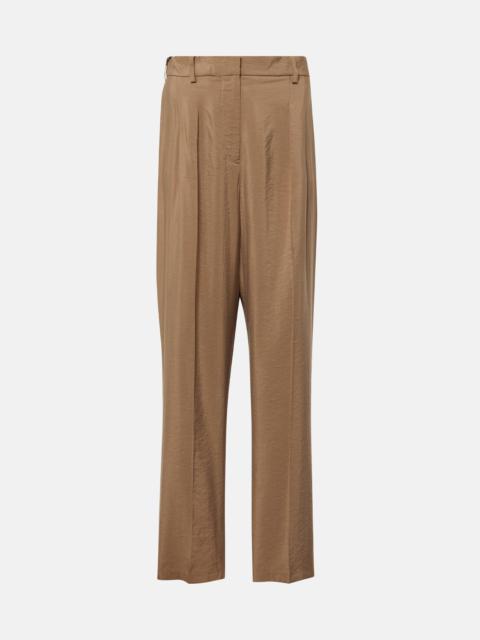 Pleated silk-blend twill straight pants