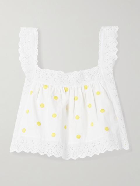 LORETTA CAPONI Fiocchini Broderie Anglaise-trimmed Polka-dot Cotton-poplin Top