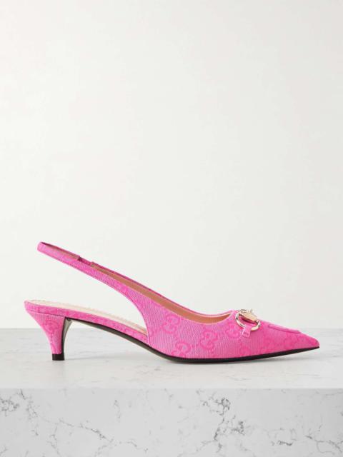 GUCCI Erin horsebit-detailed canvas-jacquard slingback pumps