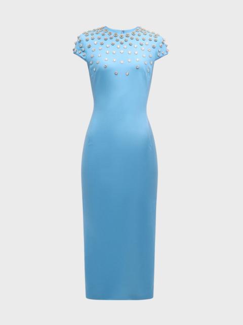 Crystal Embroidered Cap-Sleeve Midi Dress