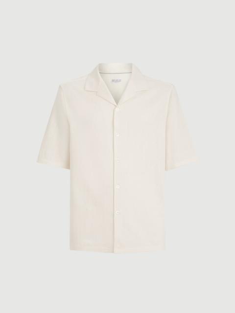 Brunello Cucinelli Linen and cotton chevron jersey short sleeve shirt with camp collar