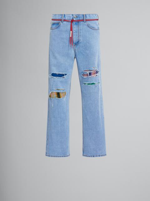 Marni STRAIGHT TROUSERS IN COATED BLUE DENIM AND MOHAIR