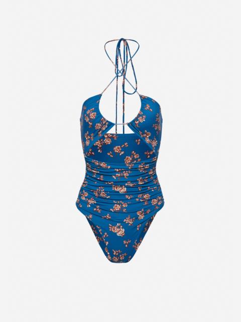 MAGDA BUTRYM Criss-cross halter swimsuit in blue floral print