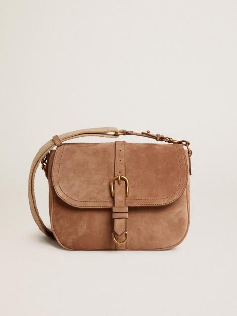 Medium Sally Bag in ash-colored suede with contrasting buckle and shoulder strap