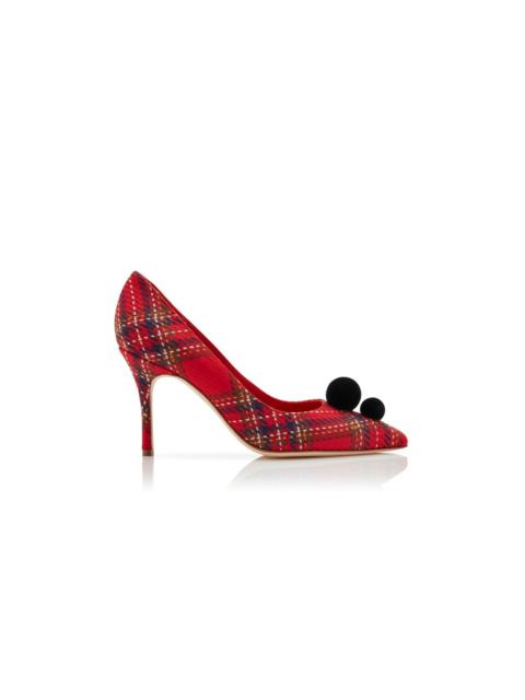 Red Wool Tartan Pom Pom Detail Pumps