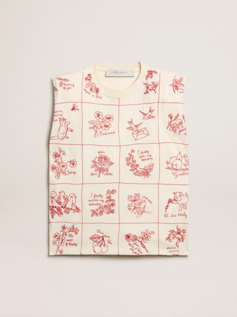 Golden Goose Aged white sleeveless T-shirt with red embroidery on the front