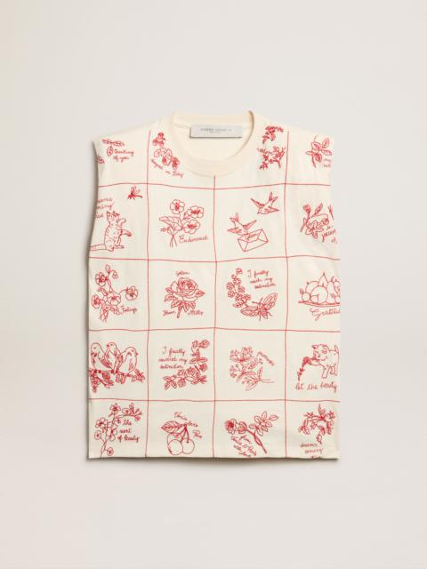 Aged white sleeveless T-shirt with red embroidery on the front