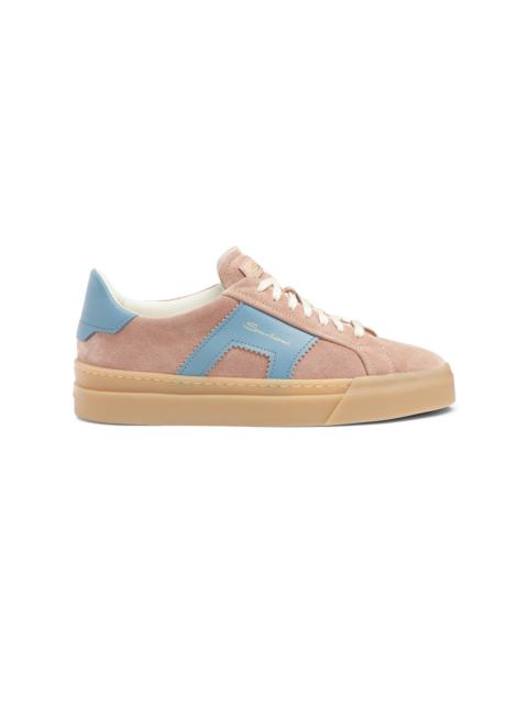 Women's pink and light blue suede and leather double buckle sneaker