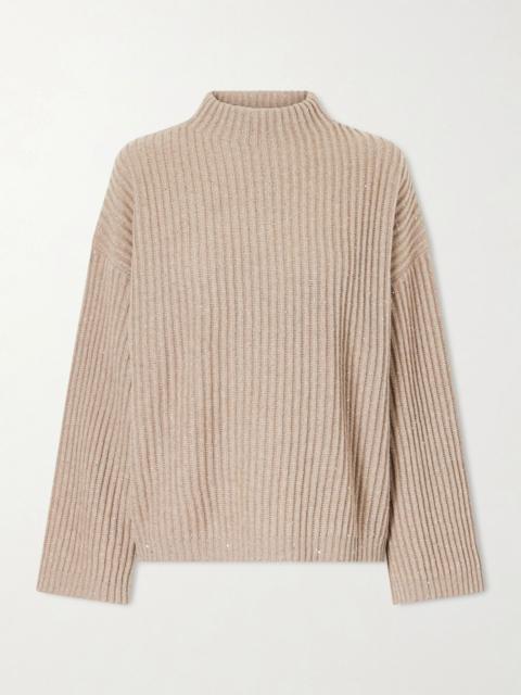 Brunello Cucinelli Sequin-trimmed ribbed-knit turtleneck sweater Beige