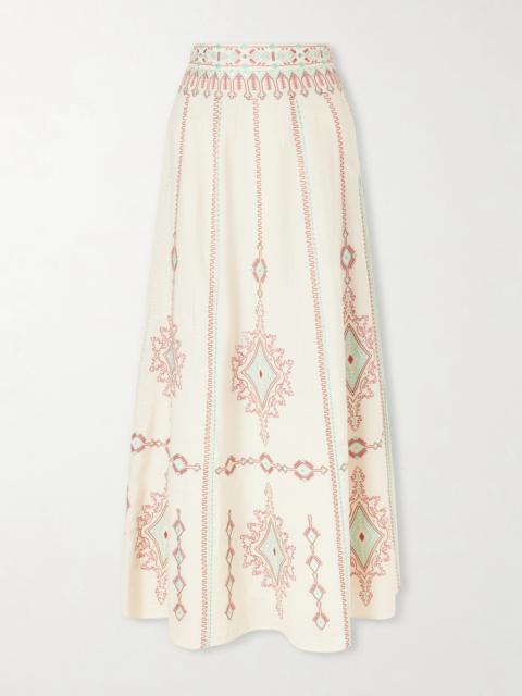 EMPORIO SIRENUSE Camille Embroidered Linen And Cotton-blend Midi Skirt