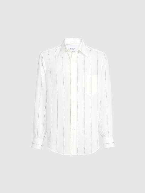 Brunello Cucinelli Textured stripe linen easy fit shirt with chest pocket
