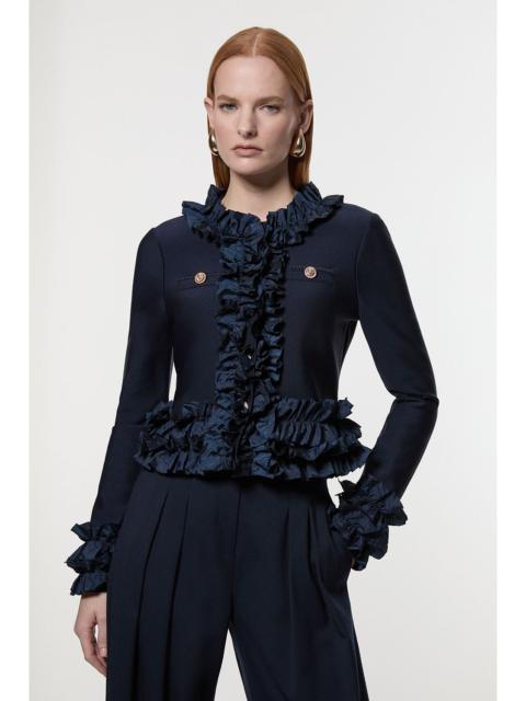 KAREN MILLEN Figure Form Bandage Knit Jacket With Woven Ruffle Trim