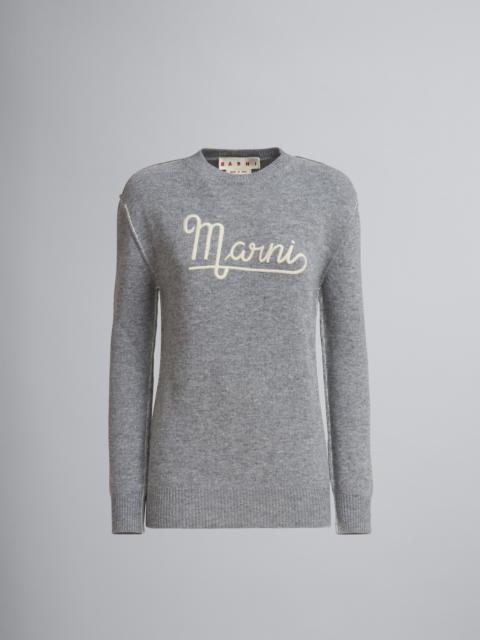 Marni GREY SHETLAND WOOL LONG-SLEEVED SWEATER WITH EMBROIDERED MARNI LOGO