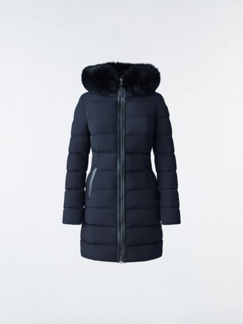 MACKAGE CALLA Agile-360 stretch light down coat with blue fox fur collar