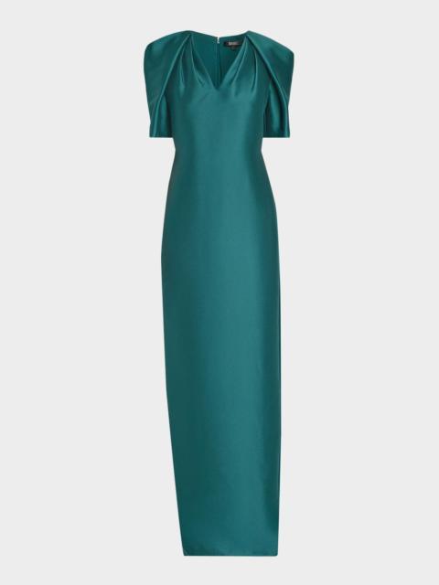 BADGLEY MISCHKA Cape-Sleeve Mikado Column Gown