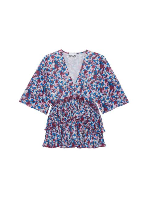 floral-print V-neck pleated blouse