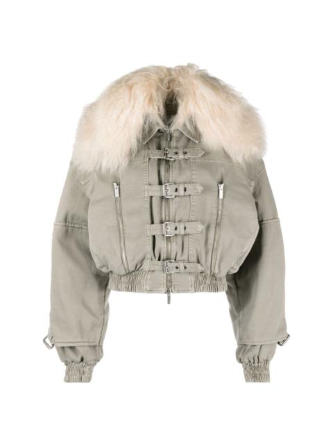 shearling-collar denim bomber jacket