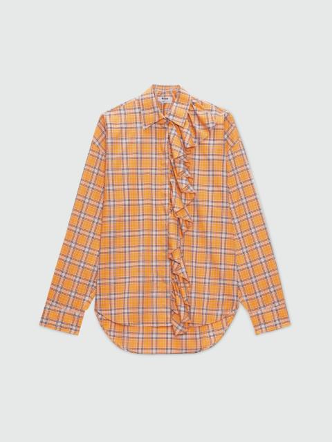 MSGM Orange check poplin shirt with ruffle.