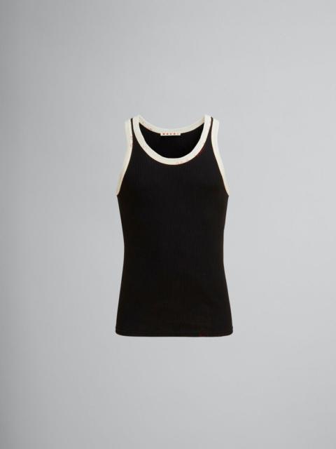 BLACK RIBBED COTTON TANK TOP WITH MARNI MENDING