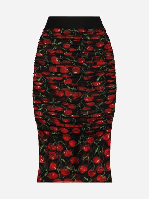 Dolce & Gabbana Cherry-print tulle midi skirt with branded elastic and draping