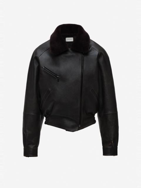 MAGDA BUTRYM Leather jacket with fur collar in dark brown