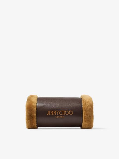 JIMMY CHOO Hand Warmer Bag Chocolate and Teddy Biker Leather Hand Warmer Bag with Shearling Trim