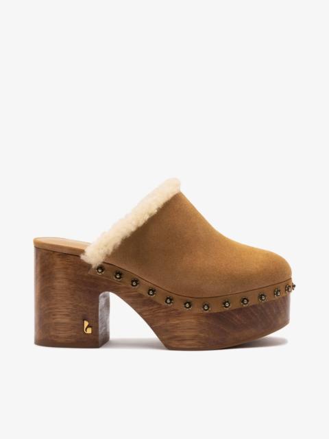 Miso Wooden Platform Clog In Peanut Suede And Natural Shearling