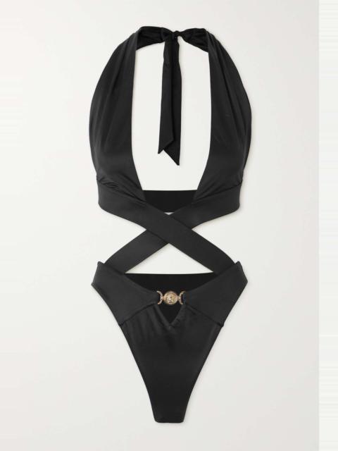 VERSACE Belize embellished cutout stretch-jersey halterneck swimsuit