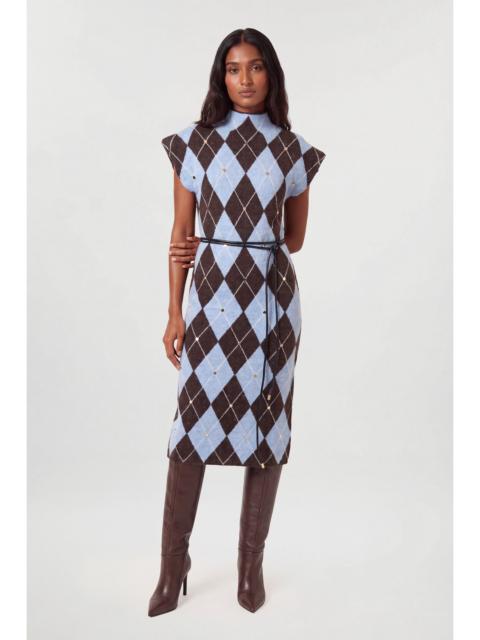 KAREN MILLEN Studded Argyle Wool Blend Cosy Knit Belted Midi Dress