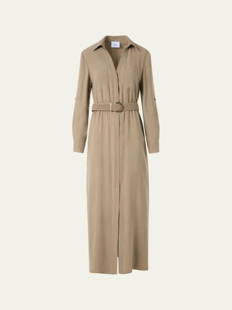 AKRIS Long-Sleeve Belted Viscose Twill Midi Shirtdress