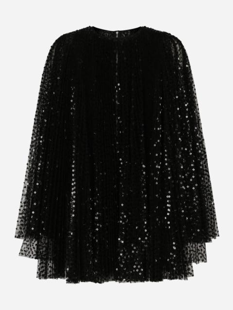 Short pleated dress with full sequined sleeves