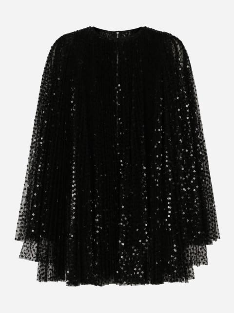 Dolce & Gabbana Short pleated dress with full sequined sleeves